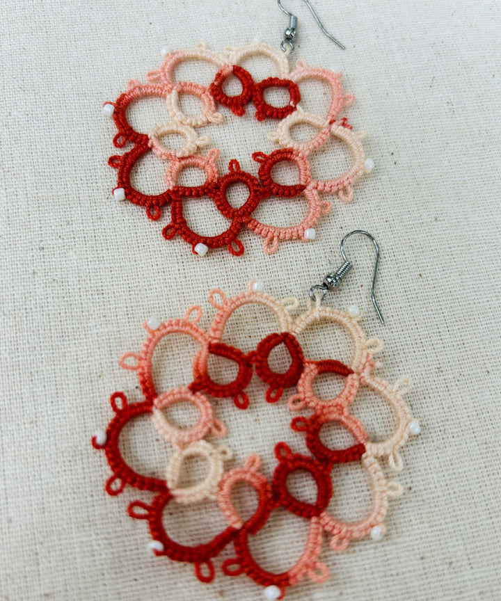 Red white handmade tatting cotton earring