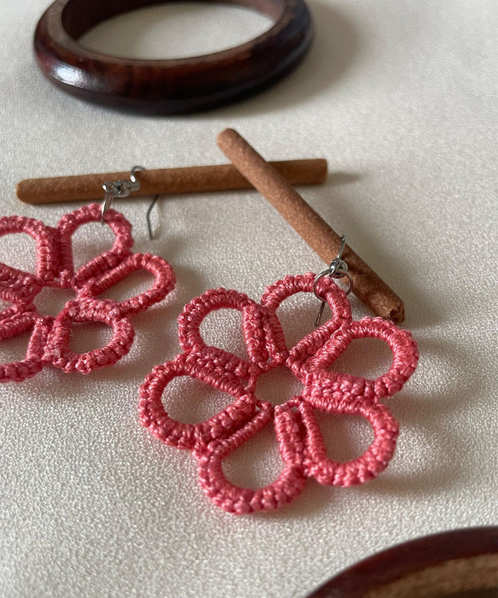 Pink handmade tatting cotton earring