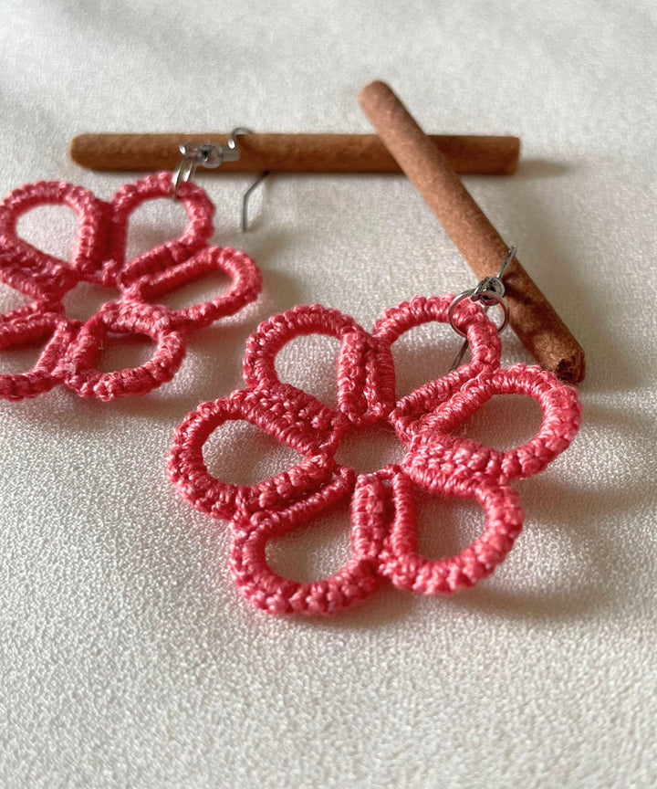 Pink handmade tatting cotton earring