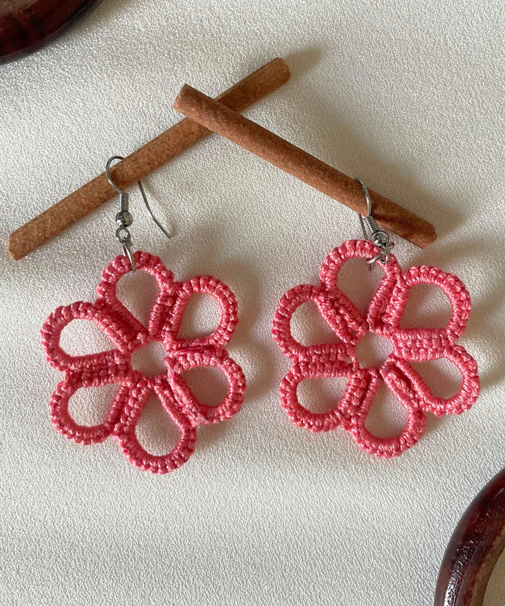 Pink handmade tatting cotton earring