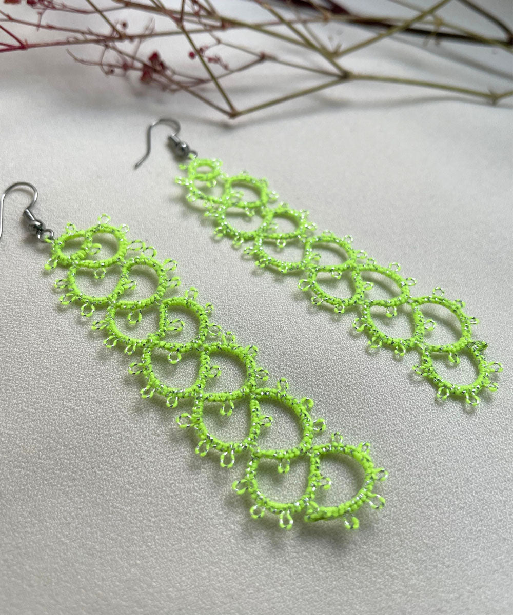 Lime green handmade tatting cotton earring