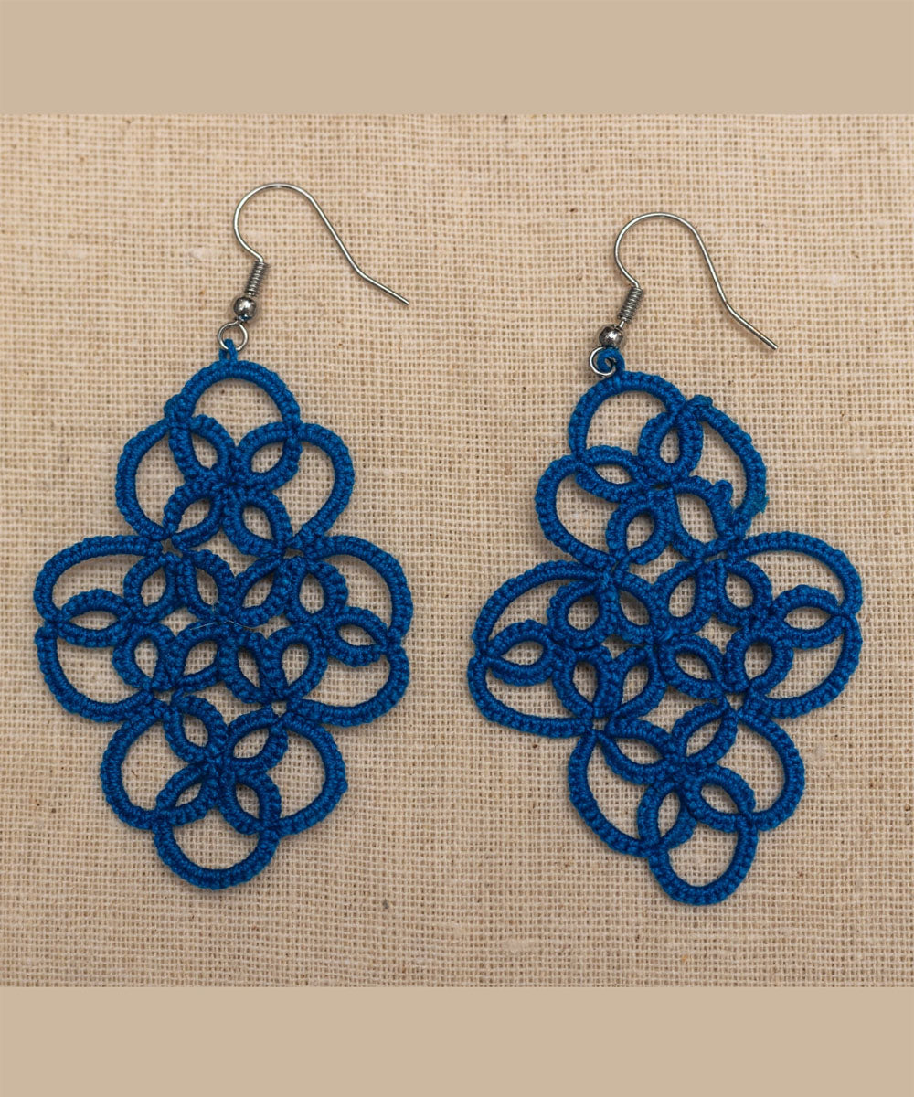 Navy blue handmade tatting cotton earring