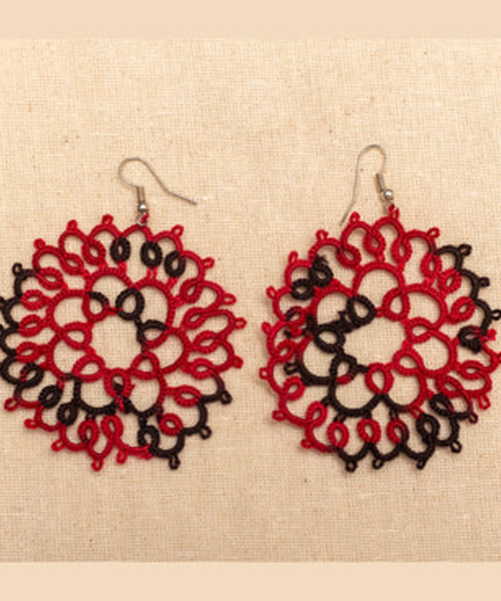 Red black handmade tatting cotton earring