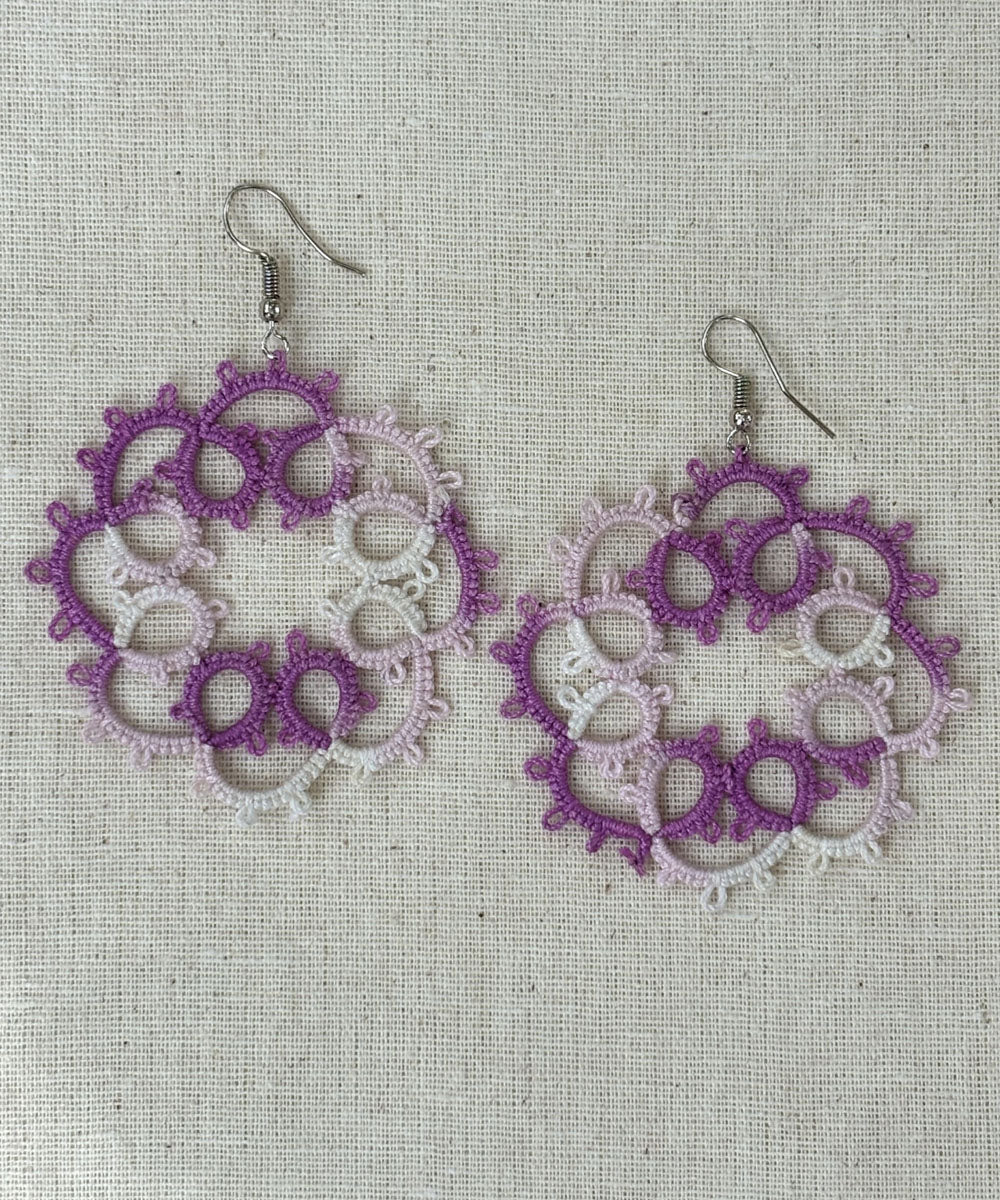 Purple white handmade tatting cotton earring