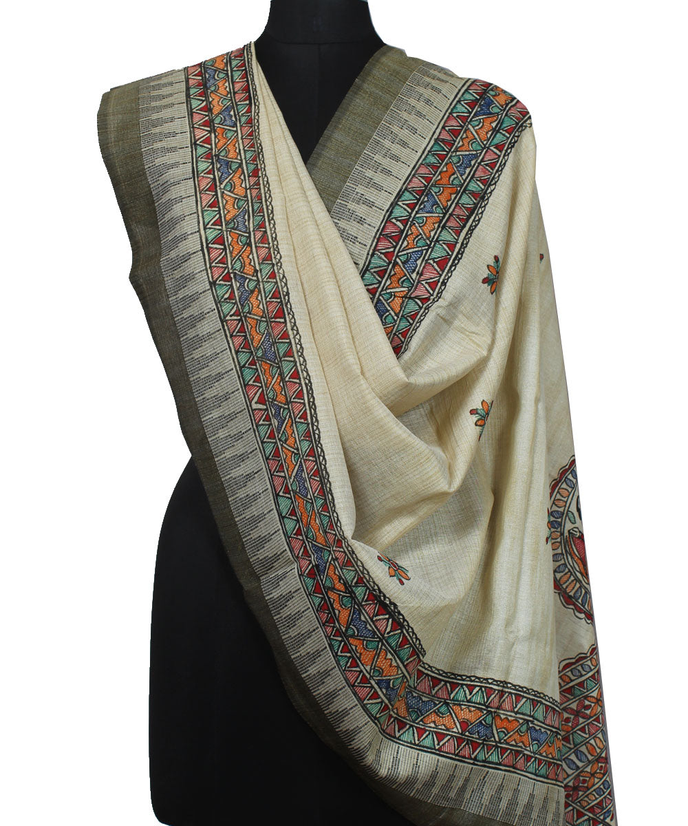 White - Handloom Chanderi Silk Handpainted Madhubani Dupatta 23