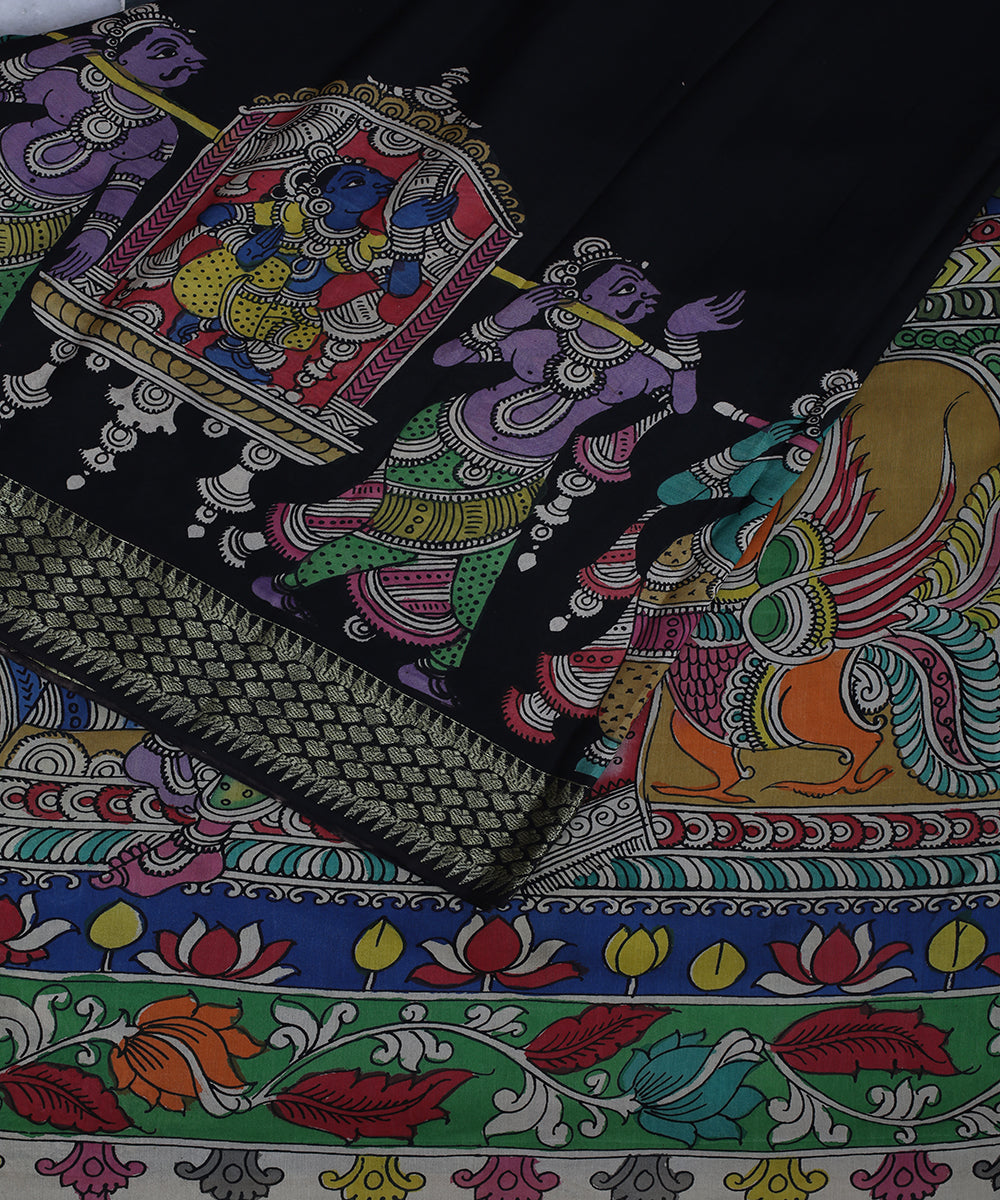 Black multicolour cotton silk kalamkari hand painted saree