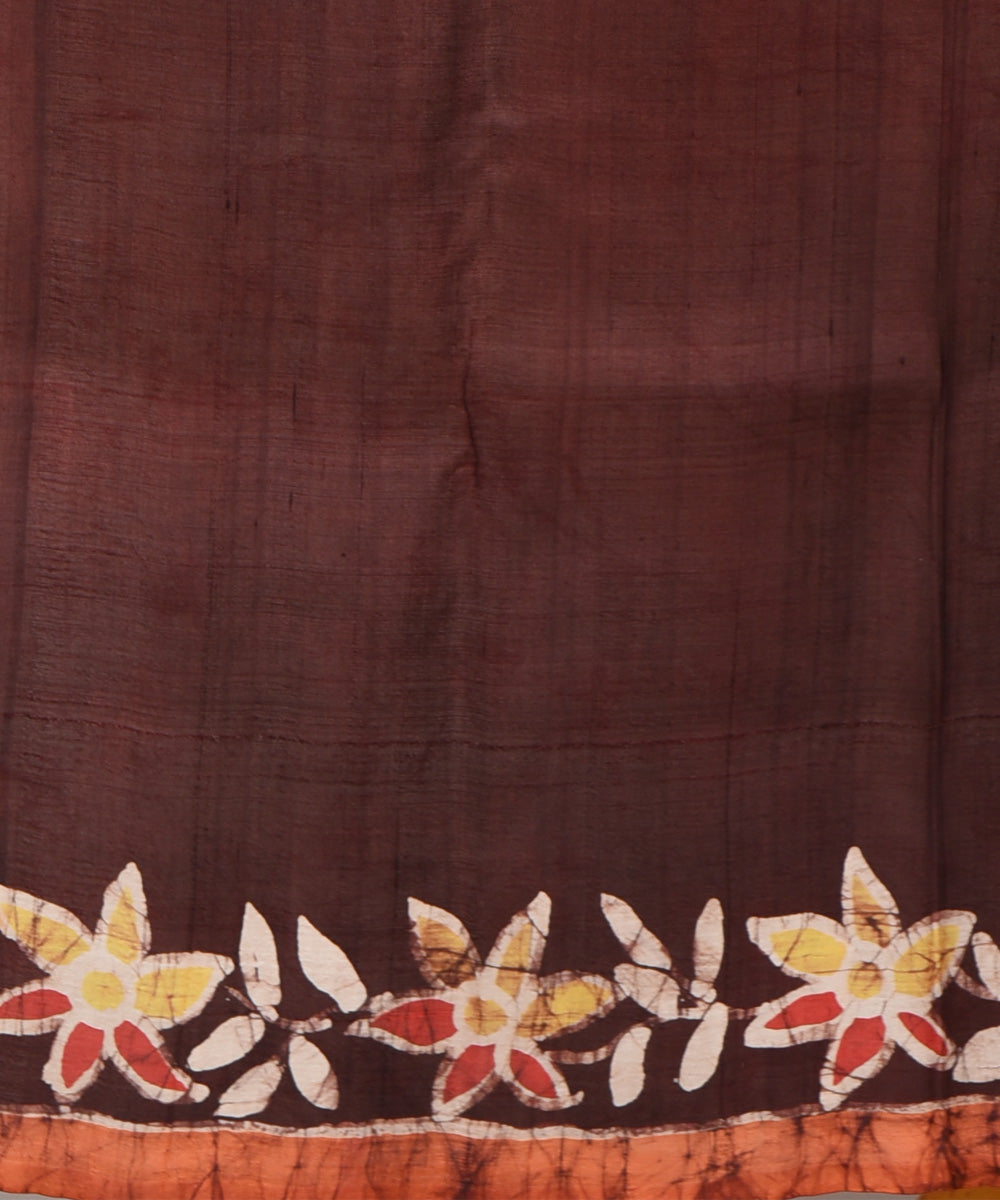 Yellow brown silk hand printed batik print saree