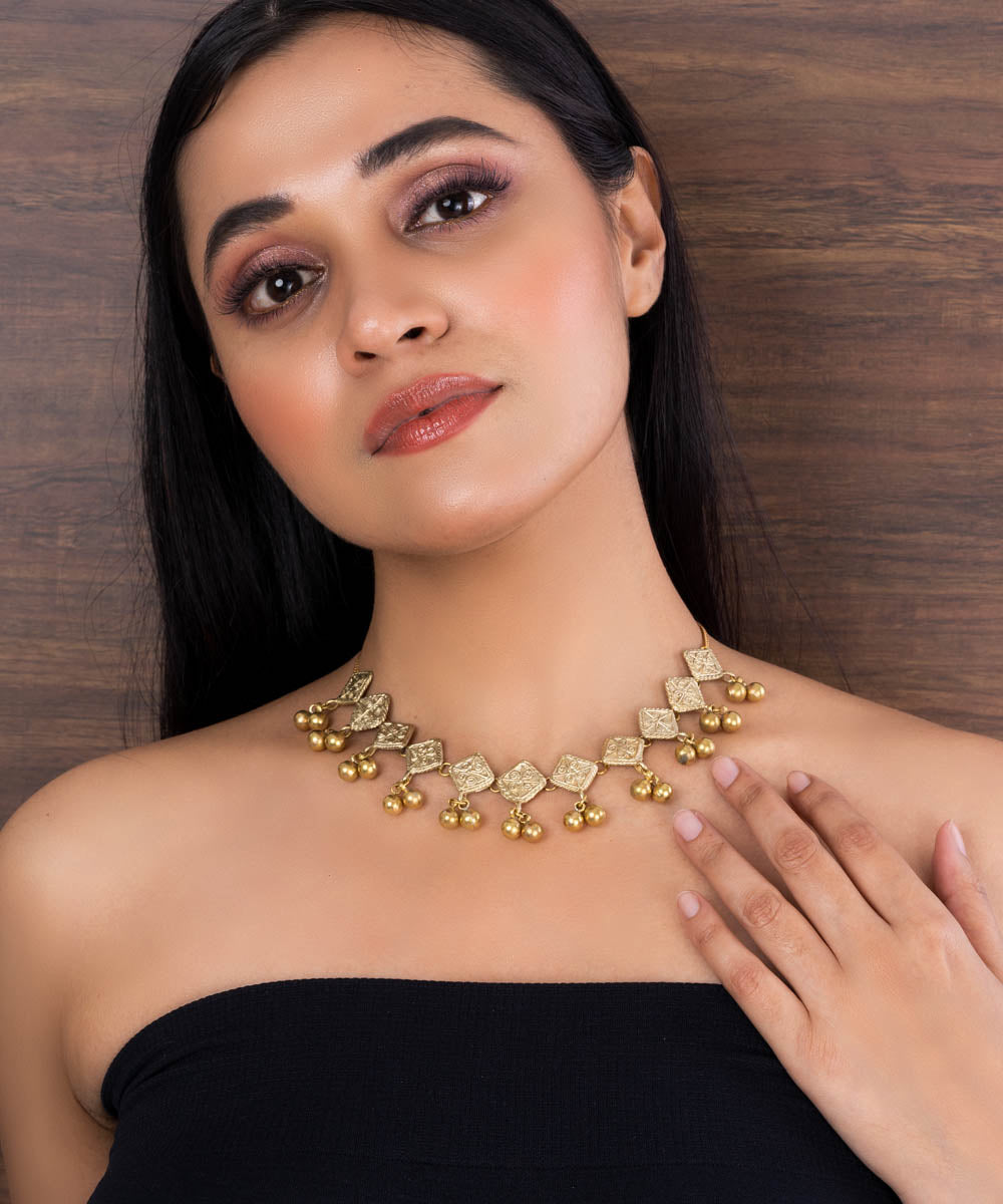 Yellow handcrafted dhokra brass necklace