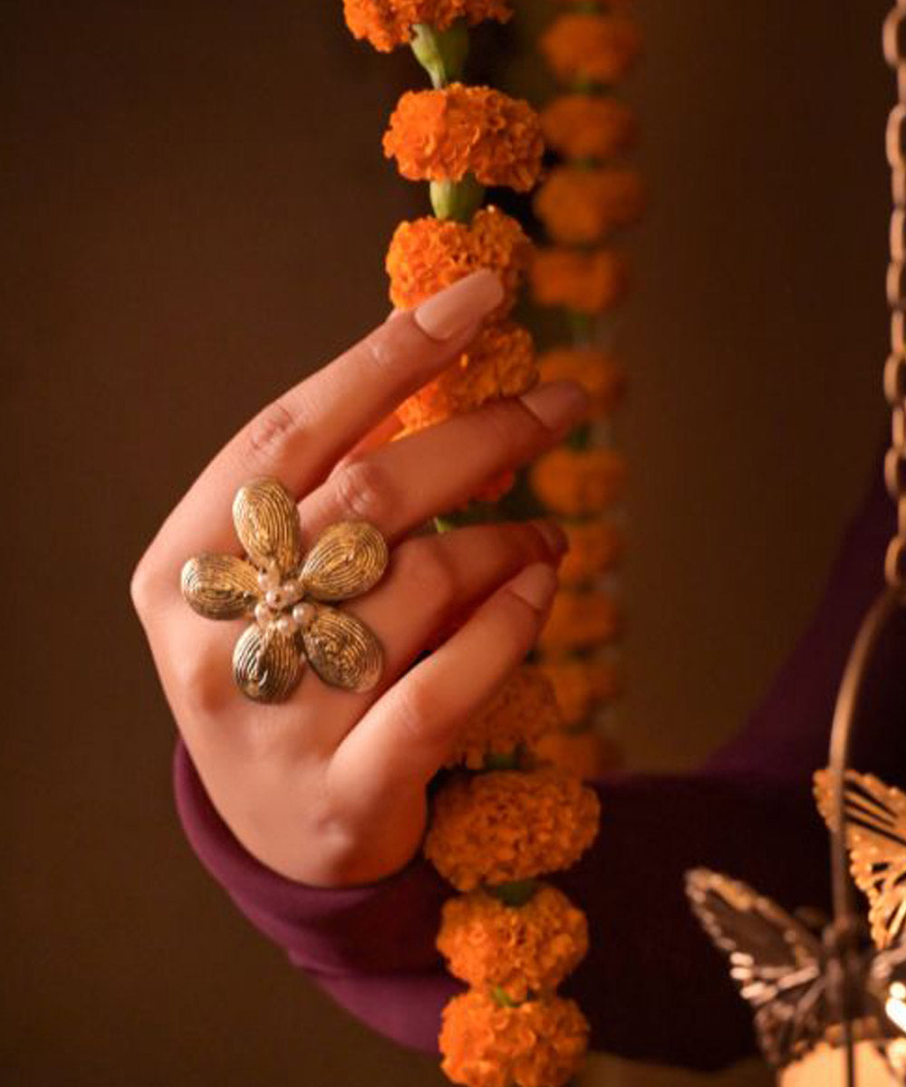 Yellow floral dhokra handcrafted brass ring