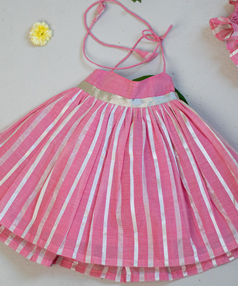 Baby pink handwoven cotton striped frock set