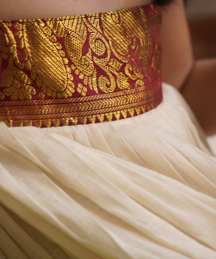 Cream golden handwoven cotton kanchipuram dress