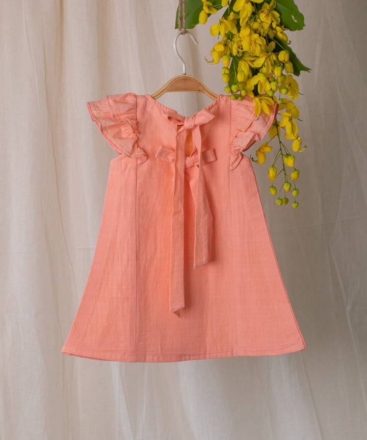 Peach handwoven cotton frilled sleeve dress