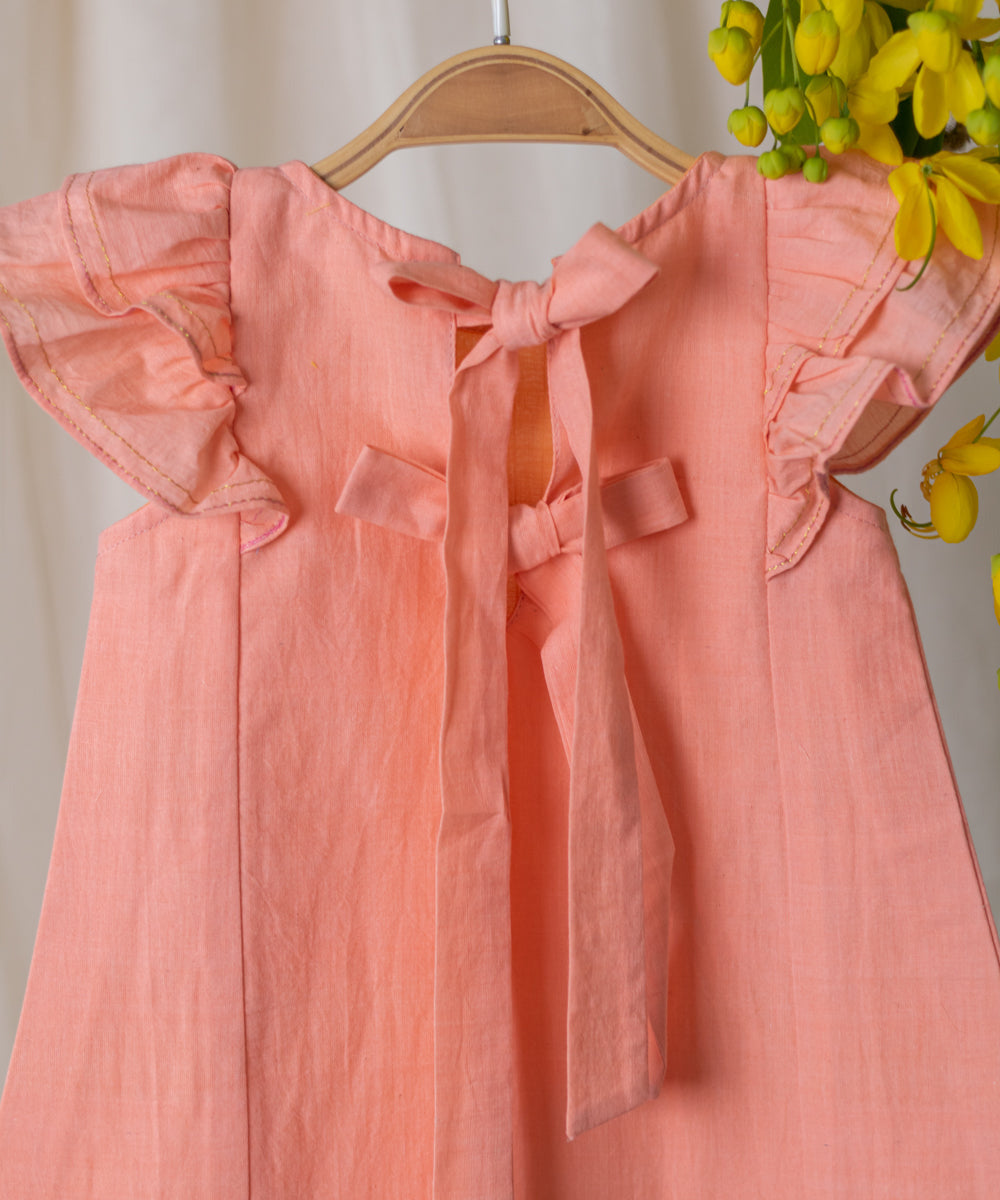 Peach handwoven cotton frilled sleeve dress