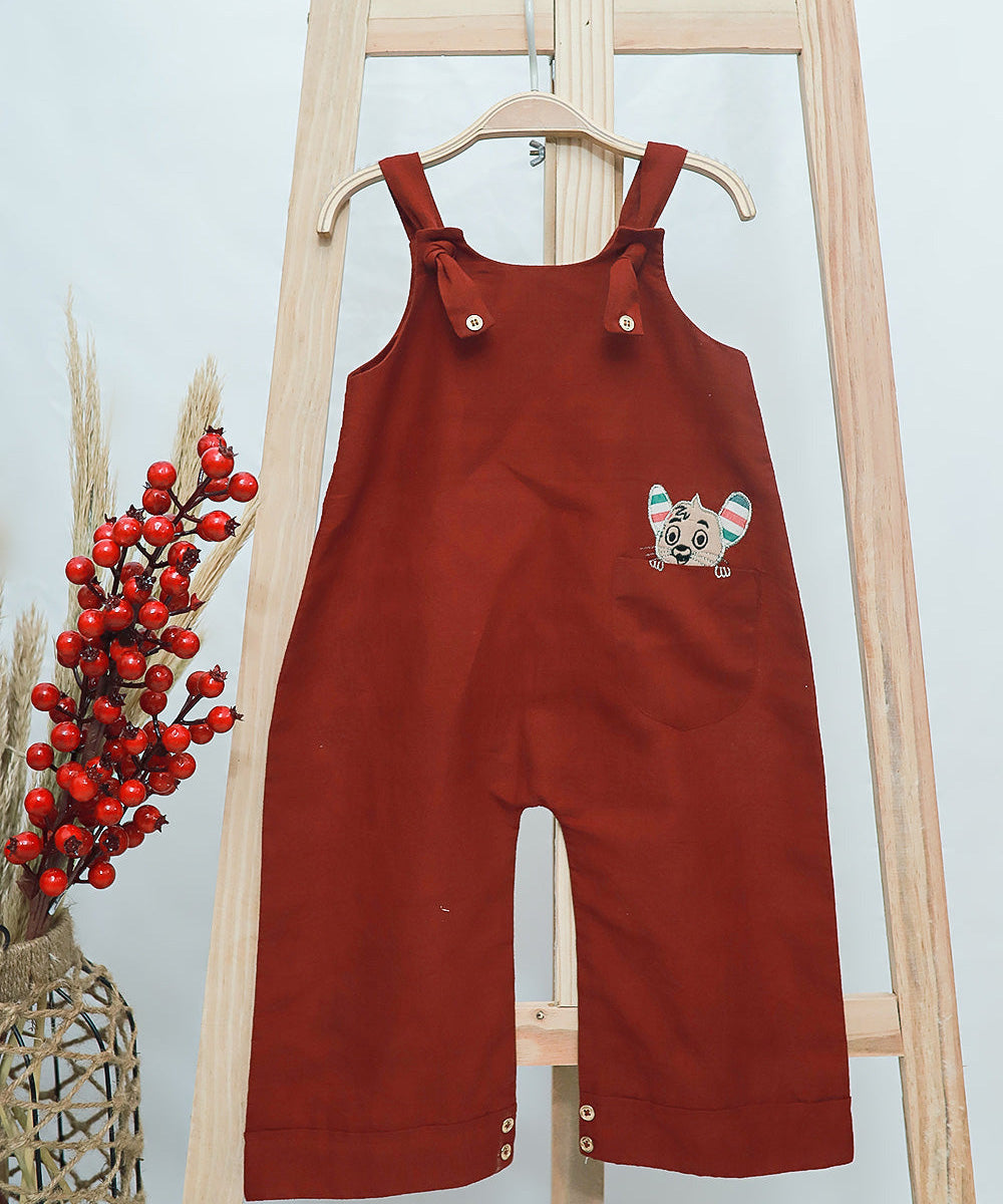 Red handembroidered cotton knot sleeve jumpsuit