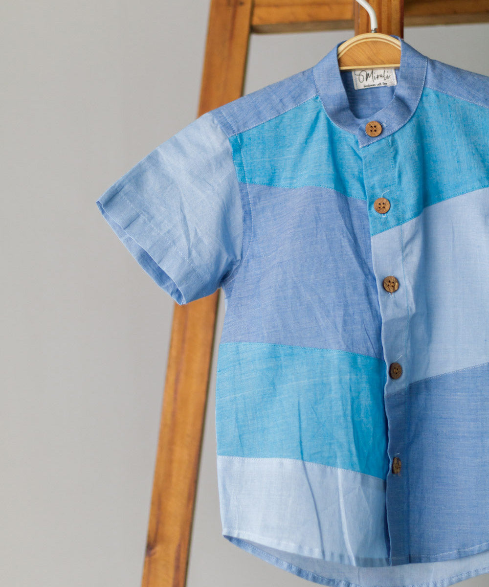 Blue handwoven cotton colorblock half sleeve shirt