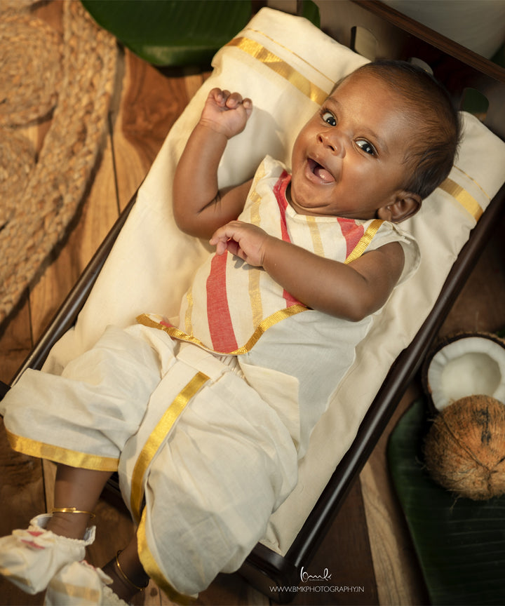 Cream pink handwoven cotton top with dhoti