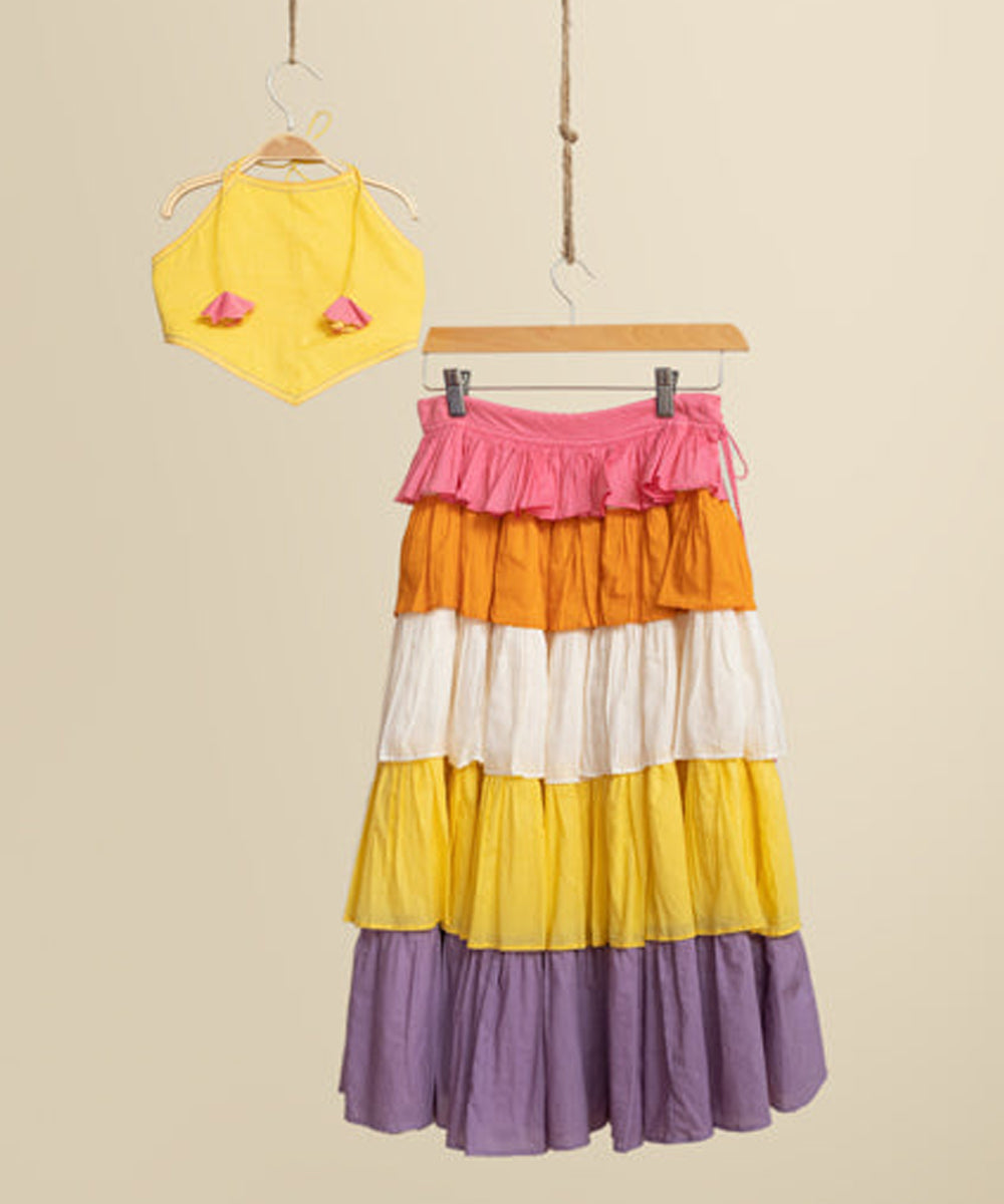 Multicolor cotton halter neck croptop and long skirt