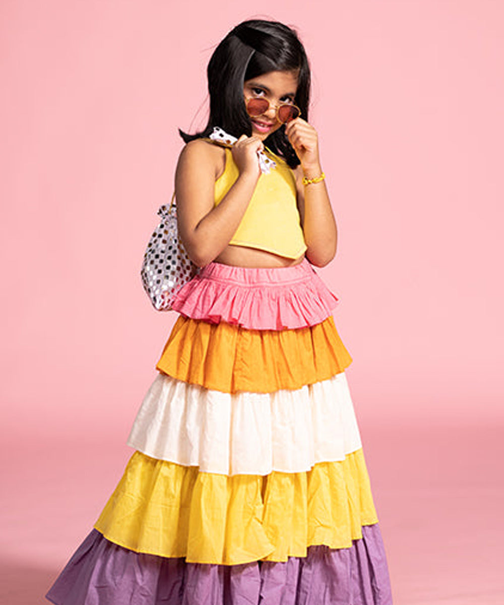Multicolor cotton halter neck croptop and long skirt