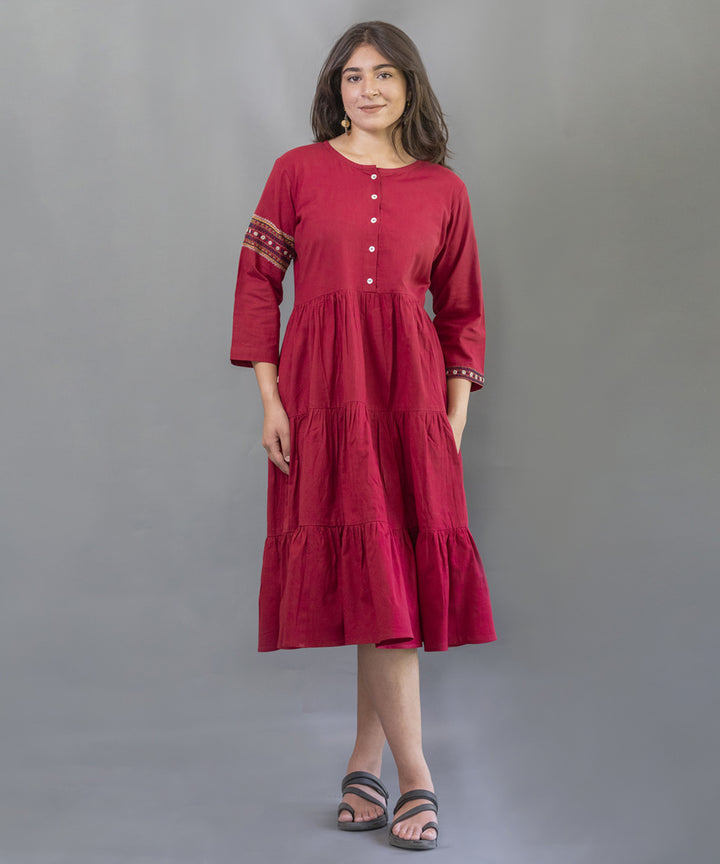 Red hand embroidered cotton flared kurti