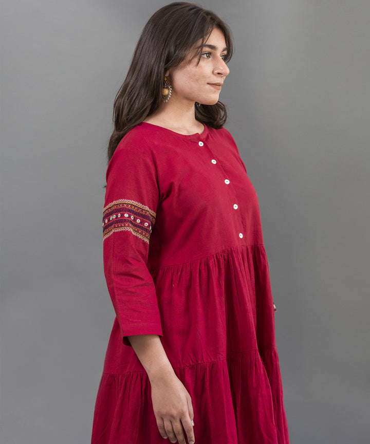 Red hand embroidered cotton flared kurti
