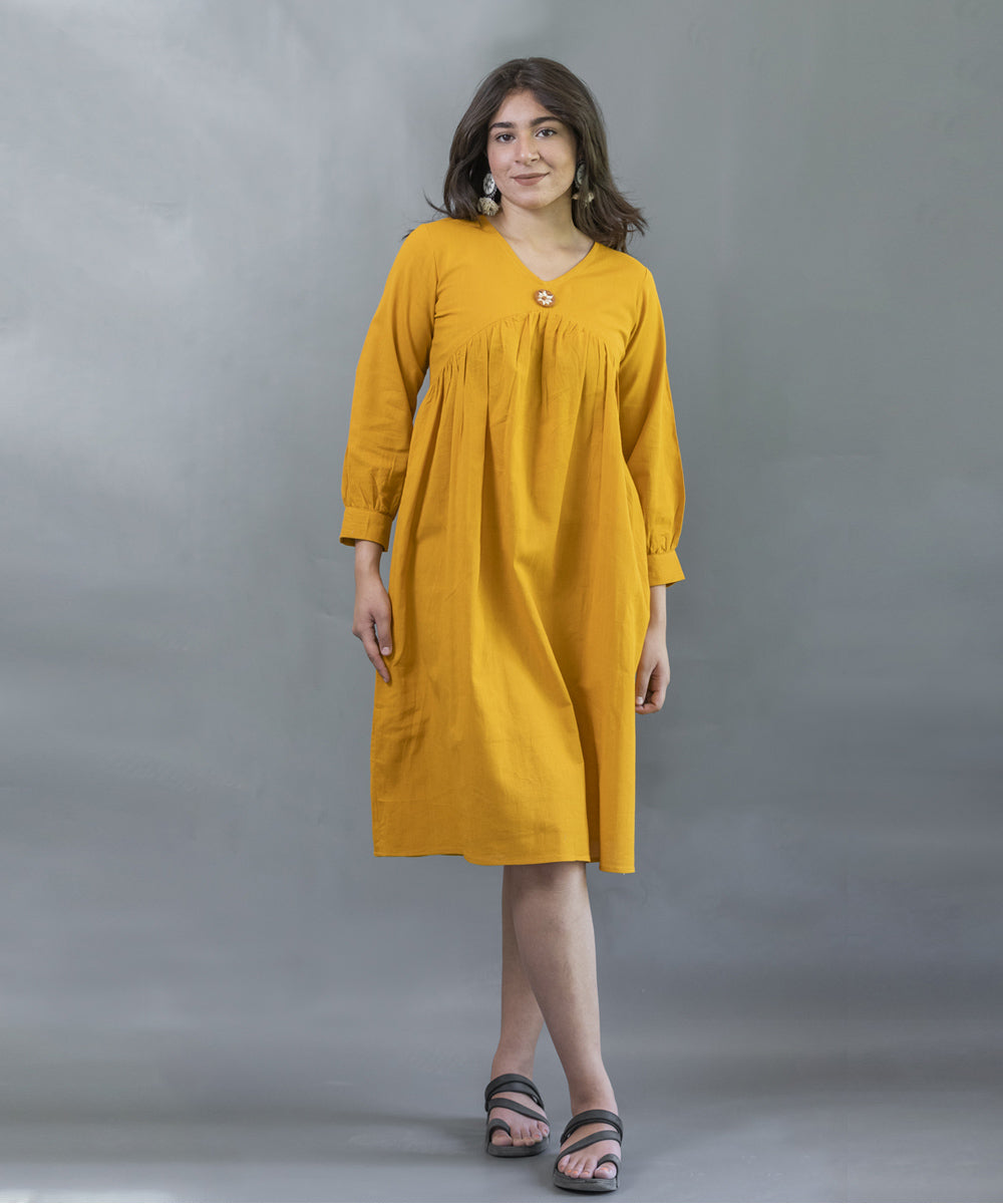 Yellow hand embroidered cotton folded sleeves dress