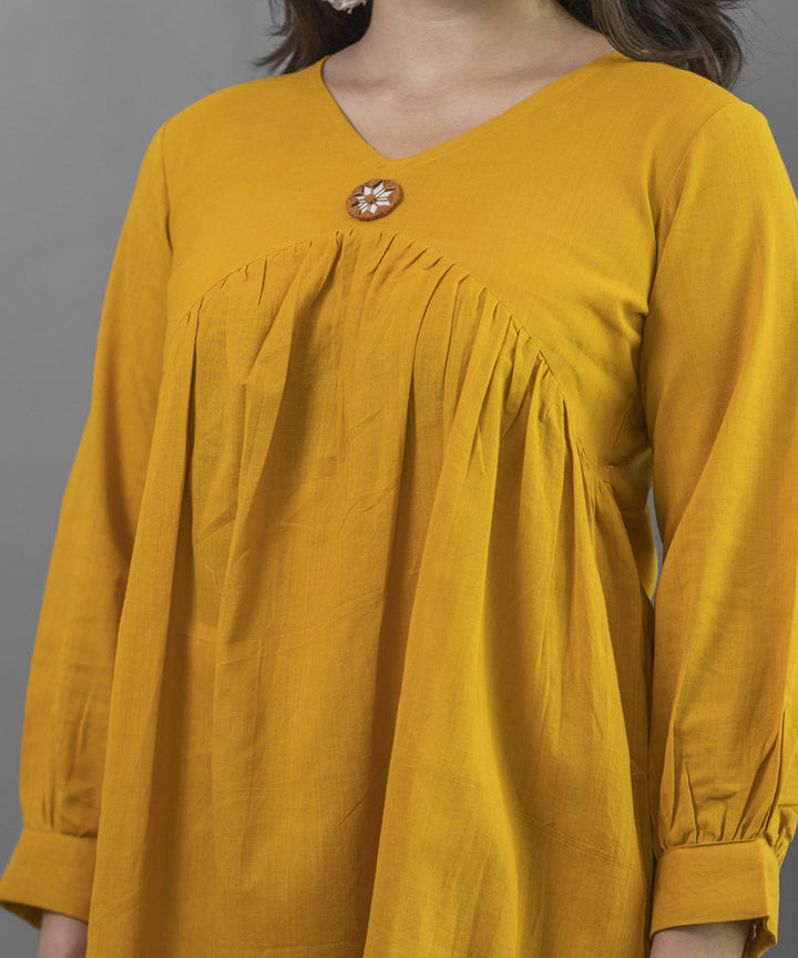 Yellow hand embroidered cotton folded sleeves dress