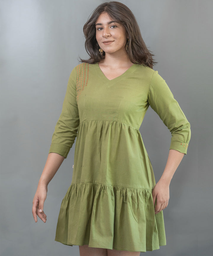 Olive handwoven cotton flared dress