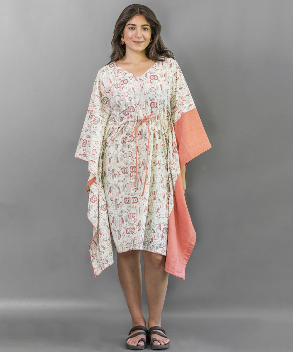 Peach handblock printed floral cotton kaftan dress