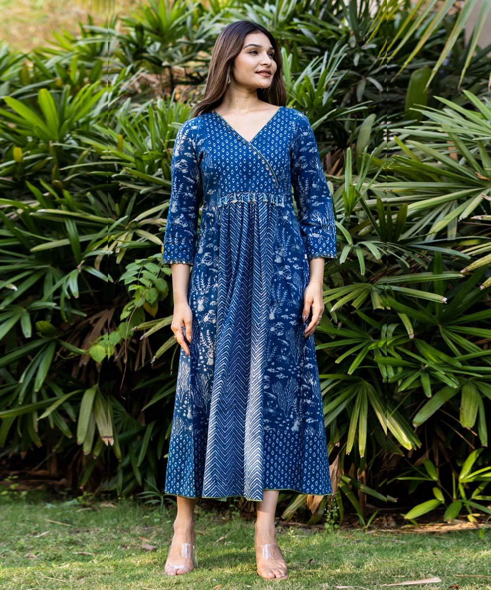 Indigo hand block print embroidered cotton dress GoSwadeshi Indigo hand block print embroidered cotton dress GoSwadeshi
