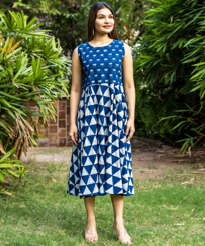 Indigo hand block print cotton sleeveless dress
