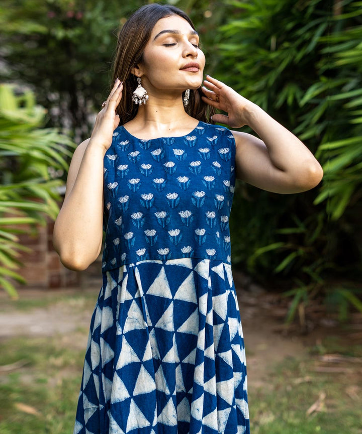 Indigo hand block print cotton sleeveless dress