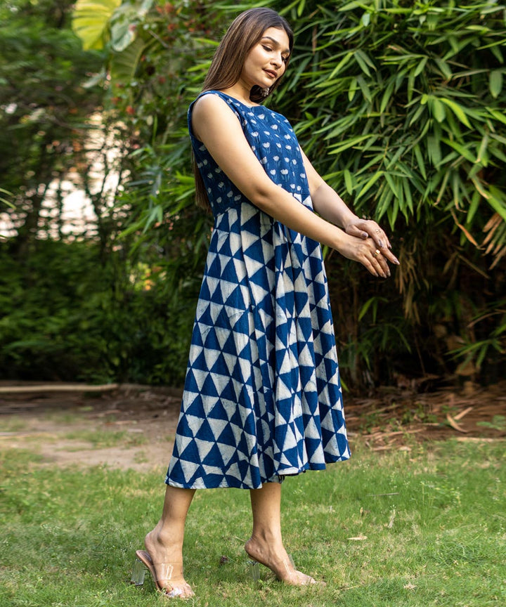 Indigo hand block print cotton sleeveless dress