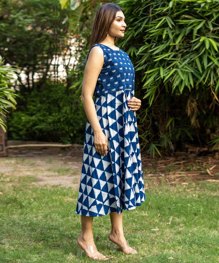 Indigo hand block print cotton sleeveless dress