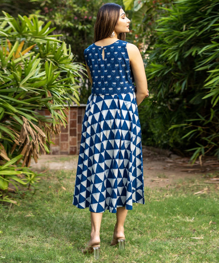 Indigo hand block print cotton sleeveless dress