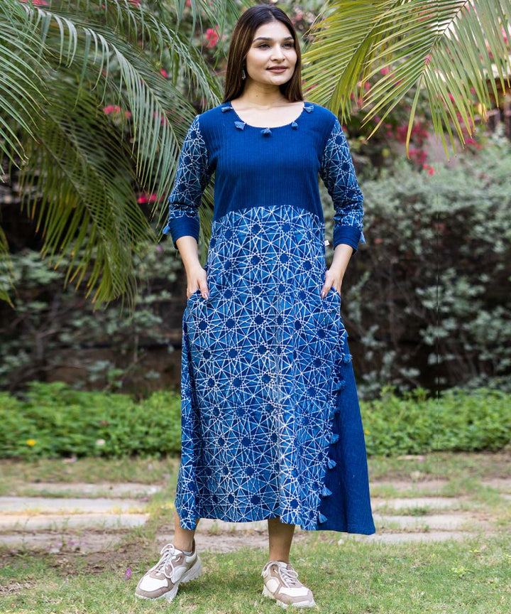 Indigo hand block print cotton fumti dress