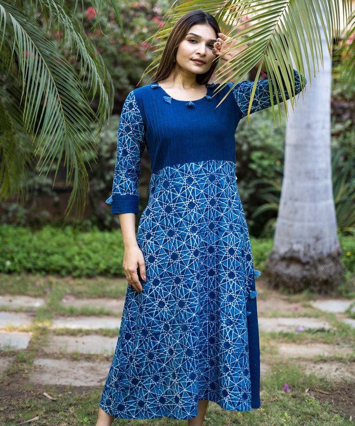 Indigo hand block print cotton fumti dress