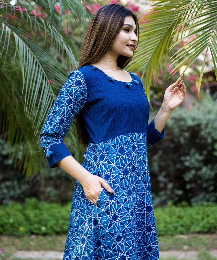 Indigo hand block print cotton fumti dress