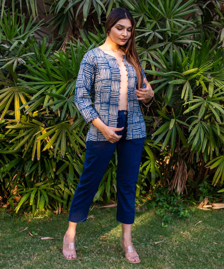 Indigo handblock print cotton full sleeves jacket