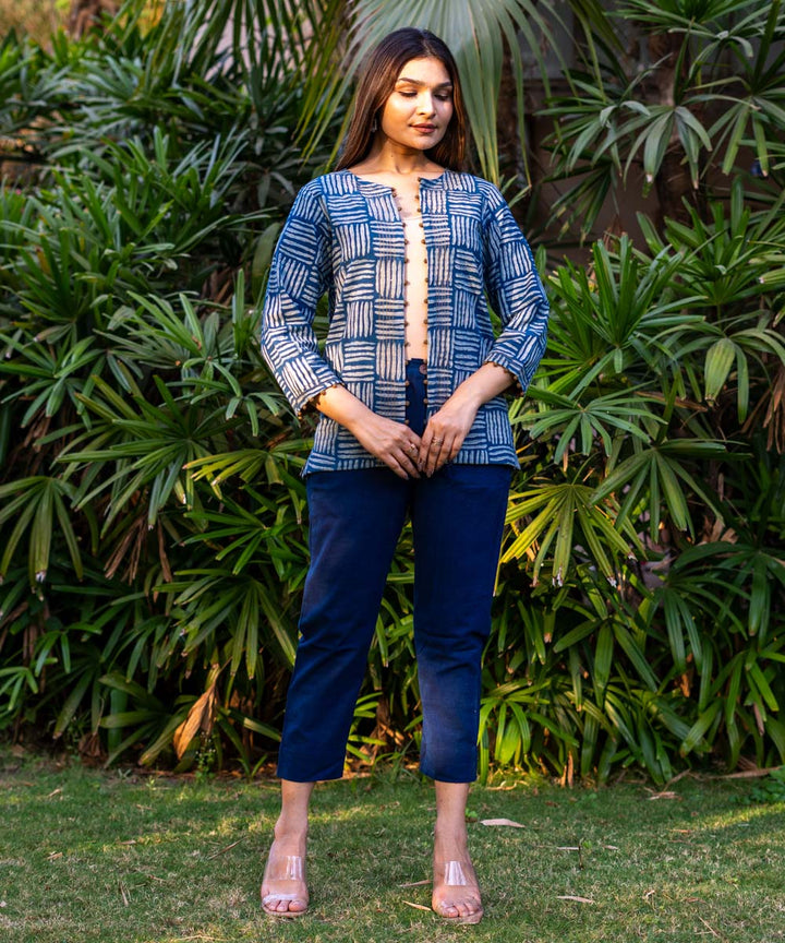 Indigo handblock print cotton full sleeves jacket