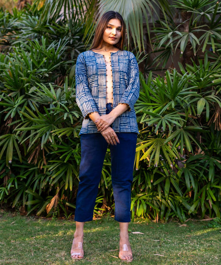 Indigo handblock print cotton full sleeves jacket