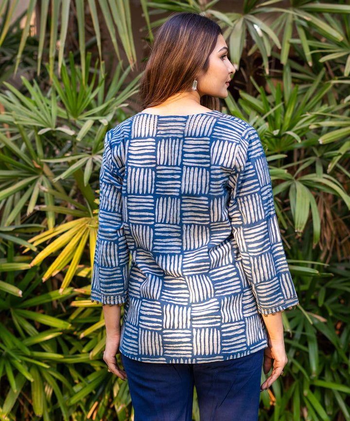 Indigo handblock print cotton full sleeves jacket