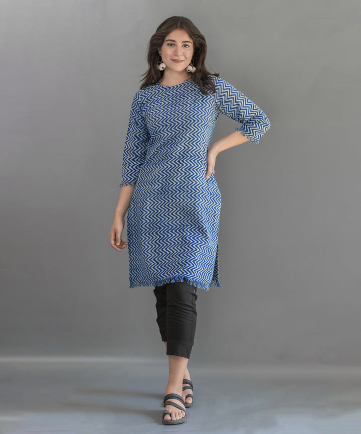 Indigo zig zag handblock printed cotton raw edge kurti
