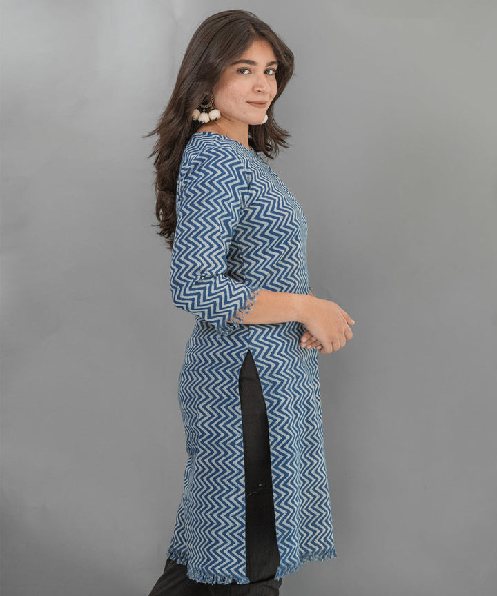 Indigo zig zag handblock printed cotton raw edge kurti