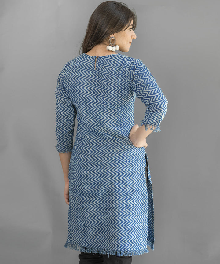 Indigo zig zag handblock printed cotton raw edge kurti