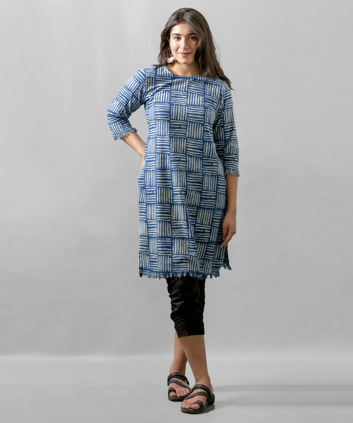 Indigo handblock printed cotton raw edge kurti