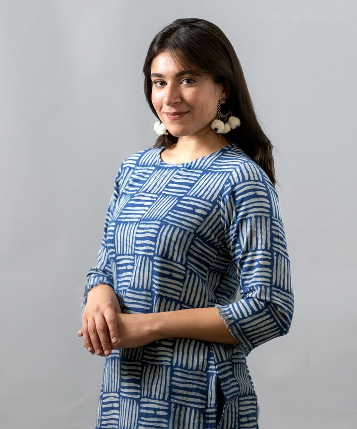 Indigo handblock printed cotton raw edge kurti