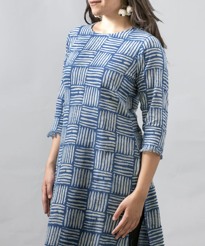 Indigo handblock printed cotton raw edge kurti