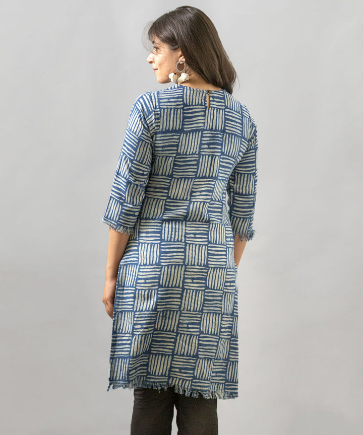 Indigo handblock printed cotton raw edge kurti