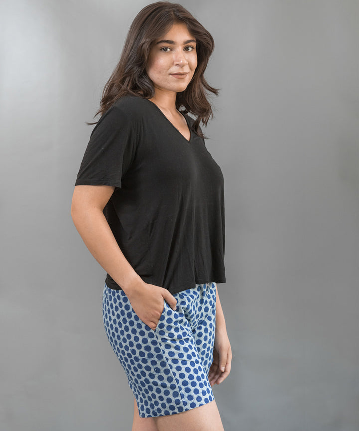 Indigo handblock printed cotton polka dot short