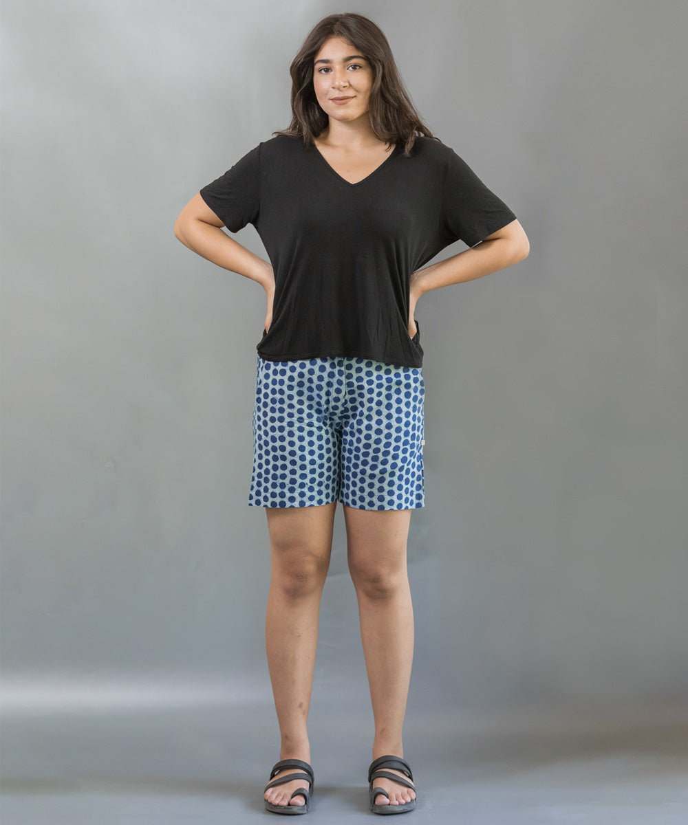 Indigo handblock printed cotton polka dot short